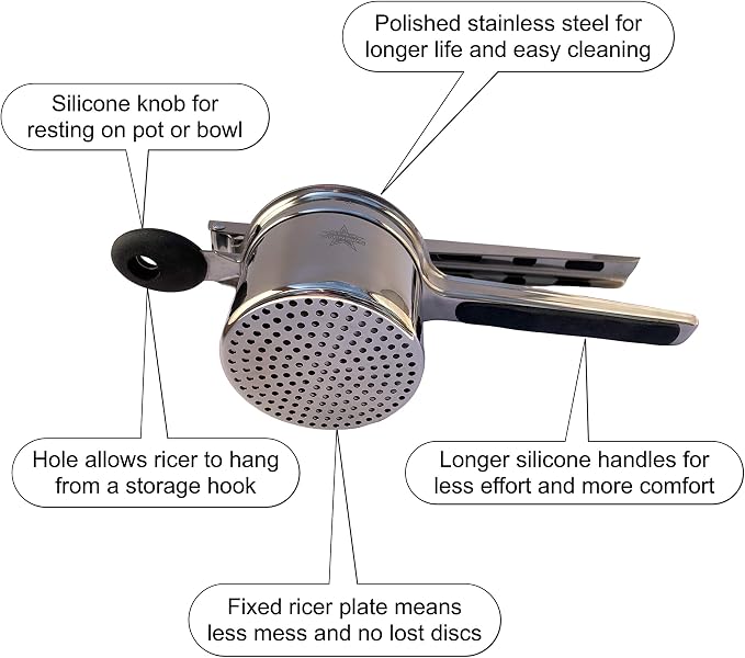 Potato Ricer Stainless Steel Professional- Sturdy Ricer for Mashed Potatoes - Light fluffy mash every time with your new potatoes ricer - Homemade baby food is a breeze with this vegetable ricer