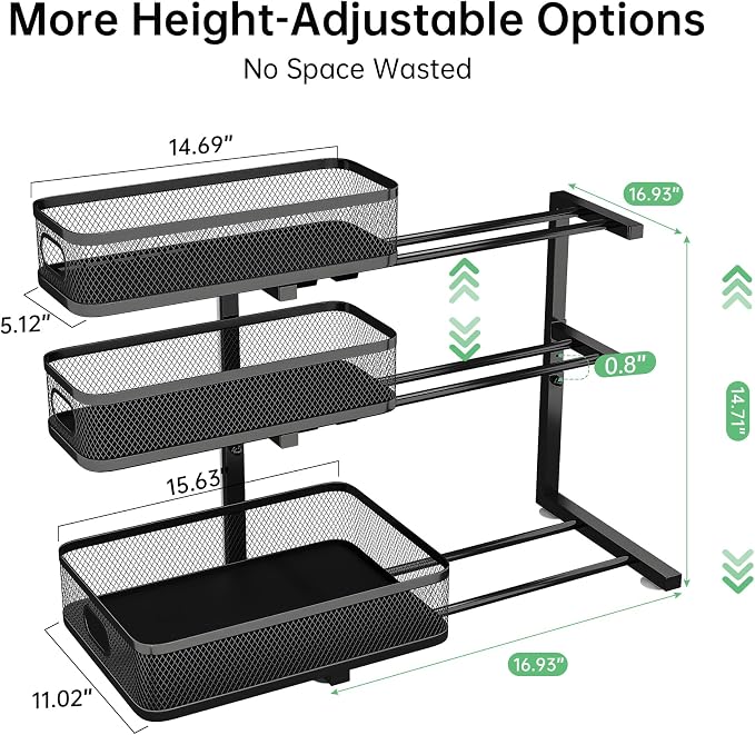 3-Tier Under Sink Organizer, Pull Out Cabinet Organizer for Kitchen & Bath | Height Adjustable, Heavy Duty Carbon Steel Holds 60 lbs, Rust-Proof Fits Kitchen Cabinet, Bathroom, Pantry & Laundry