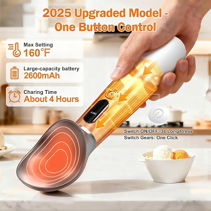 Heated Ice Cream Scoop - 3 Temp Settings Electric Warming Scooper, Rechargeable USB-C Fast Charge with LED Display, IP67 Waterproof Head for Hard Ice Cream/Gelato, Easy to Clean - White