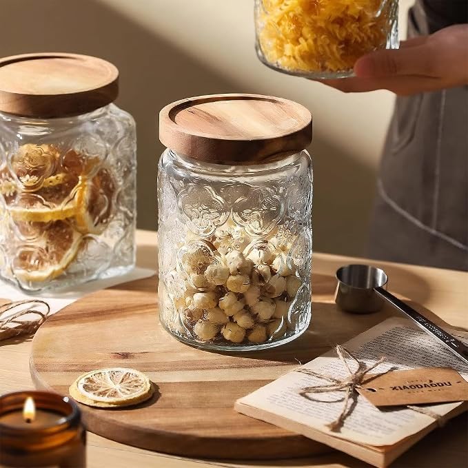 Glass Storage Jars With Airtight Lid, 23.7oz Container For Kitchen Counter with Wooden Lid, brown sugar, candy, coffee, cookie, salt, tea, cute Jar (Begonia Flowers*2)