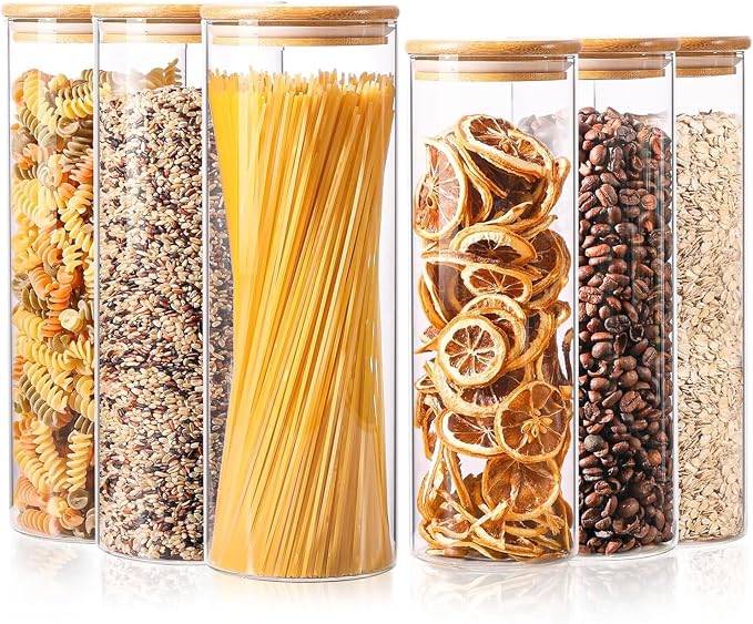 ComSaf Pasta Containers Storage 2 Qt/1.1Qt, 6 Pack Tall Glass Spaghetti Jar | Glass Storage Containers wtih Lids, Kitchen Canisters,Pantry Pasta Holder, Noodles, Cereal, Oats, Dry Food Storage, BPA Free