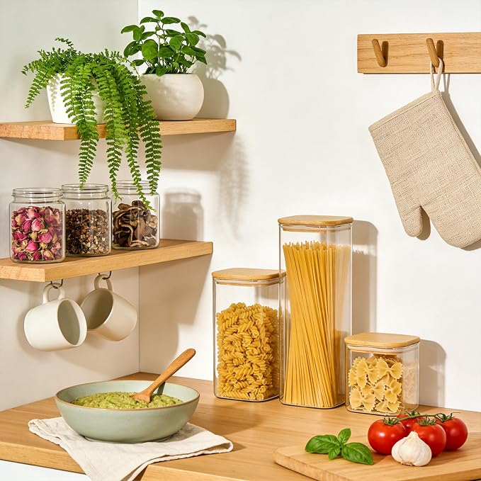 KEYWING Multi Size Glass Pantry Storage Containers with Lids, Set of 5 | Square Glass Food Storage Containers, Glass Jar for Spaghetti, Pasta, Flour, Sugar, Cereal, Coffee Beans, Spices
