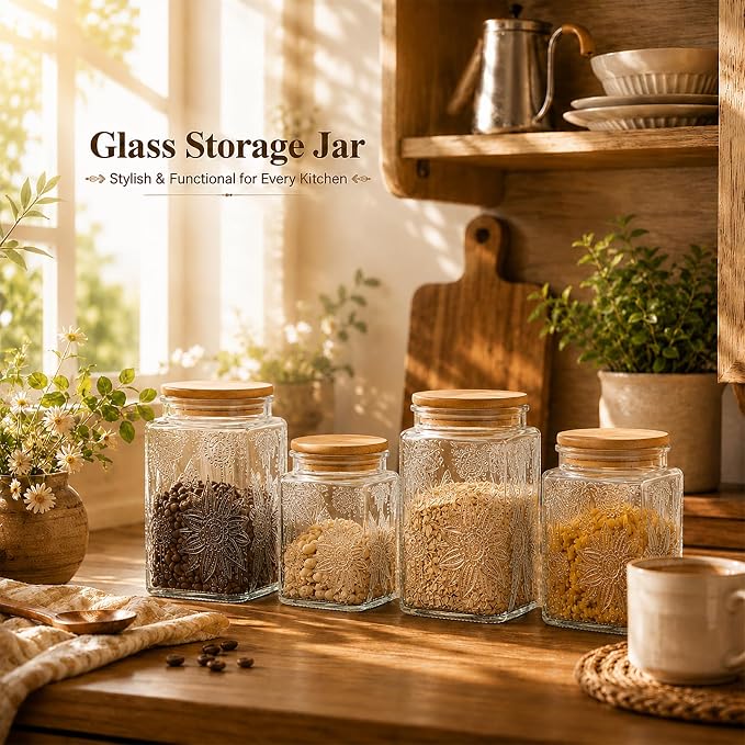 Glass Storage Jars With Airtight Lid, 23.7oz Canister For Kitchen Counter with Bamboo Lid, brown sugar, candy, coffee, cookie, salt, tea,pantry cute Jar (Square Sunflower)