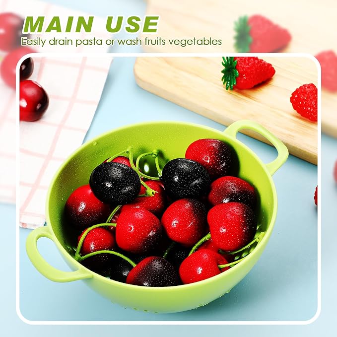 Baderke 4 Pack Mini Colander for Kitchen Plastic Berry Strainer with Double Handles 7.5 x 6 x 3 Inch Small Colander Strainer for Fruits Vegetables Food (Lemon Yellow,Green,Purple,Red)
