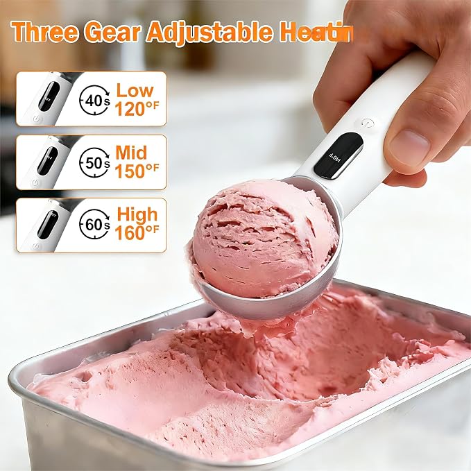 Heated Ice Cream Scoop - 3 Temp Settings Electric Warming Scooper, Rechargeable USB-C Fast Charge with LED Display, IP67 Waterproof Head for Hard Ice Cream/Gelato, Easy to Clean - White