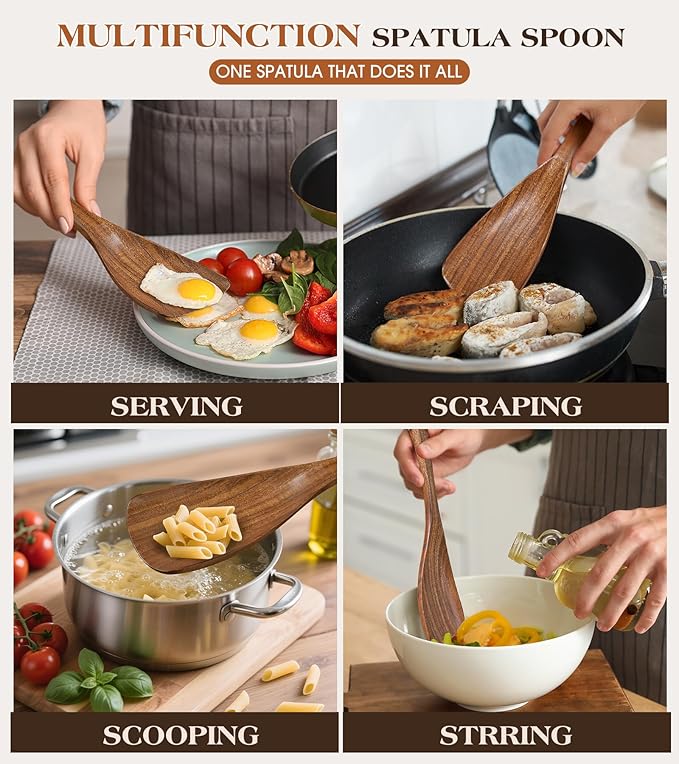2Pcs Wooden Spatula Spoon, Multifunction Cooking Spoon for Nonstick Cookwares, Heat Resistant Acacia Wooden Spoon Spatula for Cooking, Mixing, Scooping, Scraping, BPA-Free, 11.6 x 2.8 Inch