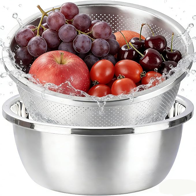 Colander and Bowl Set 3.1QT (2-in-1) - Thickened 304 Stainless Steel Kitchen Strainer Bowl for Fruit, Pasta, Vegetables, Rice - Heavy Duty, Induction Cooker & Dishwasher Safe