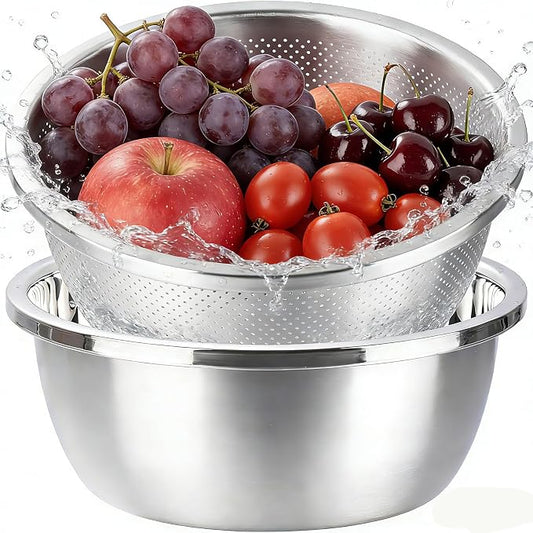 Colander and Bowl Set 3.1QT (2-in-1) - Thickened 304 Stainless Steel Kitchen Strainer Bowl for Fruit, Pasta, Vegetables, Rice - Heavy Duty, Induction Cooker & Dishwasher Safe