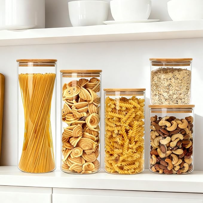 5 Pack Airtight Glass Jars with Bamboo Lids, Glass Food Storage Containers | Glass Canisters with Airtight Lids, Glass Storage Containers with Lids for Pasta, Cereal, Cookie, Coffee Beans, Nuts, Flour