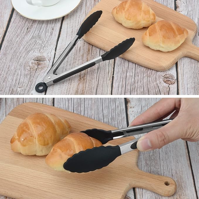 Serving Tongs Kitchen Tongs - Heat Resistant, Premium Stainless Steel Locking Cooking Tongs with Silicone Tips, Non-Slip Food Tongs for Cooking, Heavy Duty, Non-Stick (9 Inch(4 Pack))