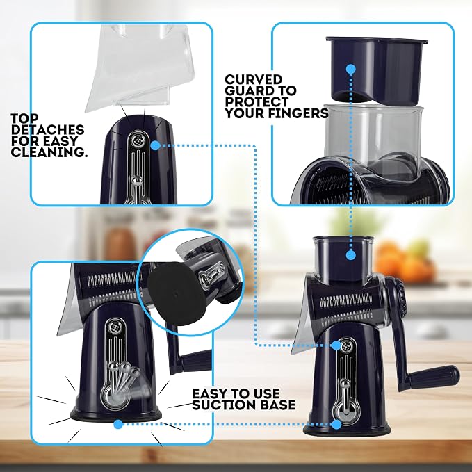 5-in-1 Rotary Cheese Grater with Handle – Stainless Steel Blades, Vegetable Slicer & Shredder, Nut Grinder, Carrot & Cabbage Grater, Easy-to-Clean Kitchen Tool (Purple)