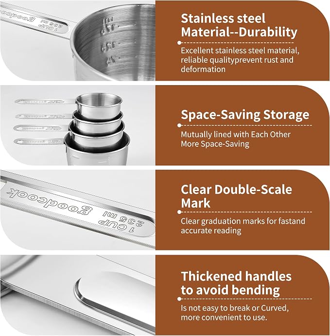 Measuring Cups and Spoons Set (8 Piece), Stainless Steel Measuring，4 Spoons, 4 Cups, Metal Measuring Cups for Cooking & Baking