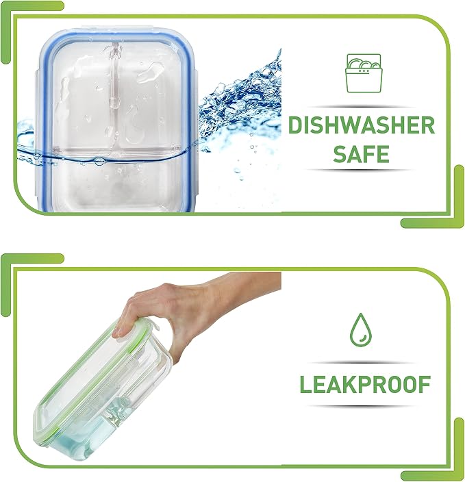 PrepNaturals 4 Pack 34oz Glass Meal Prep Containers - 3 Compartments | Borosilicate Glass Meal Prep Containers - Airtight Leak-Resistant Lids, Microwave, Oven & Freezer Safe (4-Pack, 34 oz)