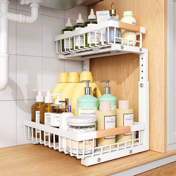 PXRACK Under Sink Organizer, Adjustable Height, 2 Tier Pull Out Under Cabinet Organizer, Slide Out Thickened Metal Under Sink Storage for Kitchen Bathroom Laundry Pantry Cabinet, White, Small-1-Pack