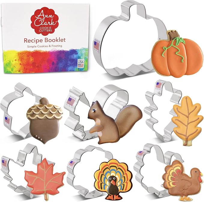 Ann Clark Fall and Thanksgiving Cookie Cutters 7-Pc Set (Pumpkin, Maple and Oak Leaf, Turkey, Squirrel, Acorn) Made in USA