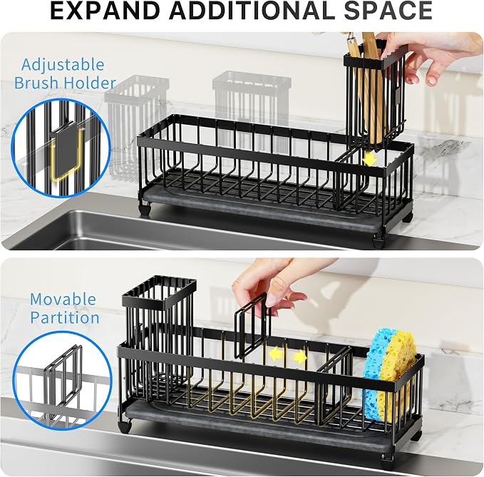 Cisily 10.62'' Sponge Holder for Kitchen Sink, Sink Caddy Organizer with High Brush Holder, Kitchen Countertop Organizers and Storage Essentials, Rustproof 304 Stainless Steel (Black with Stone Tray