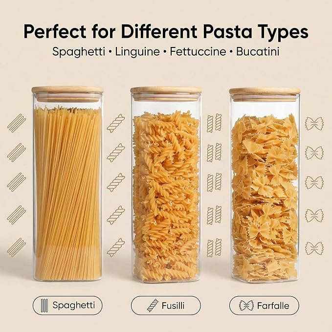 Pasta Storage Containers 3 Pack, 78oz Square Airtight Glass Spaghetti Container with Bamboo Lids, Tall Glass Pasta Storage Jar for Pantry Organization Spaghetti Linguine Fettuccine Cereal