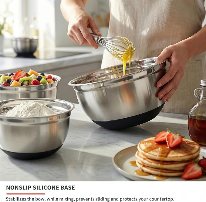3pk Metal Mixing Bowls Set ，Stainless Steel Prep Bowls– 2.3/2.9/4.75 Qt | With Non-Slip Silicone Base, Nesting Design & Dishwasher Safe for Baking, Meal Prep, Salad Serving & Food Storage