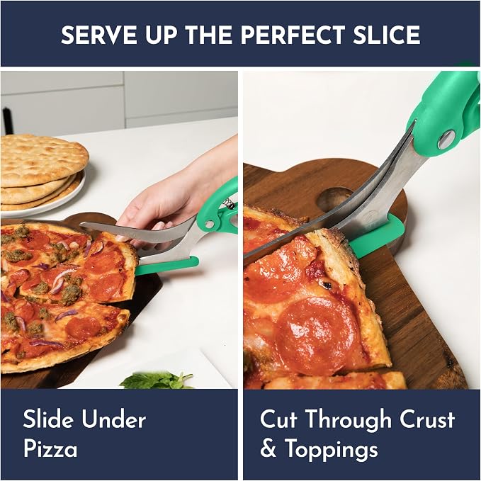Pizza Scissors - Non-Stick Pizza Scissors with Firm Grip Base - Food Grade Stainless Steel Pizza Cutter - 5-in-1 Food Slicer & Pizza Server - Durable, Safe & Mess Free - Green