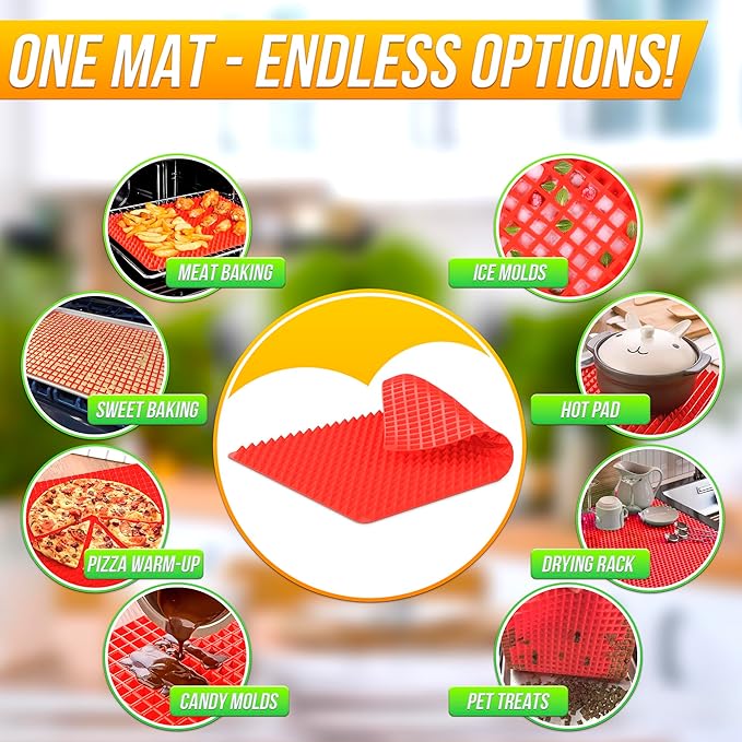 Silicone Baking Mat with Red Pyramid Fat-Draining Design — Non Stick Baking Mat 16 x 11.5" for Oven, Bacon, Roasting Meats, BBQ and Pastry — Food-Grade, Flexible and Dishwasher-Safe Reusable Pan Liner