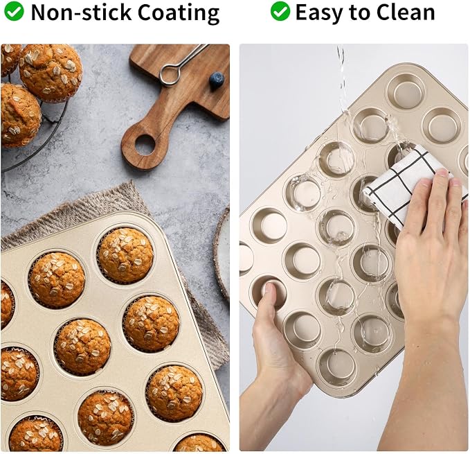 Beasea Nonstick Mini Muffin Pan 24 Cups, 2 Pack 24 Mini Small Tiny Cup Non Stick Muffin Baking Pan Tin Tray Carbon Steel Bakeware Individual Cupcake Baking Pan - Gold
