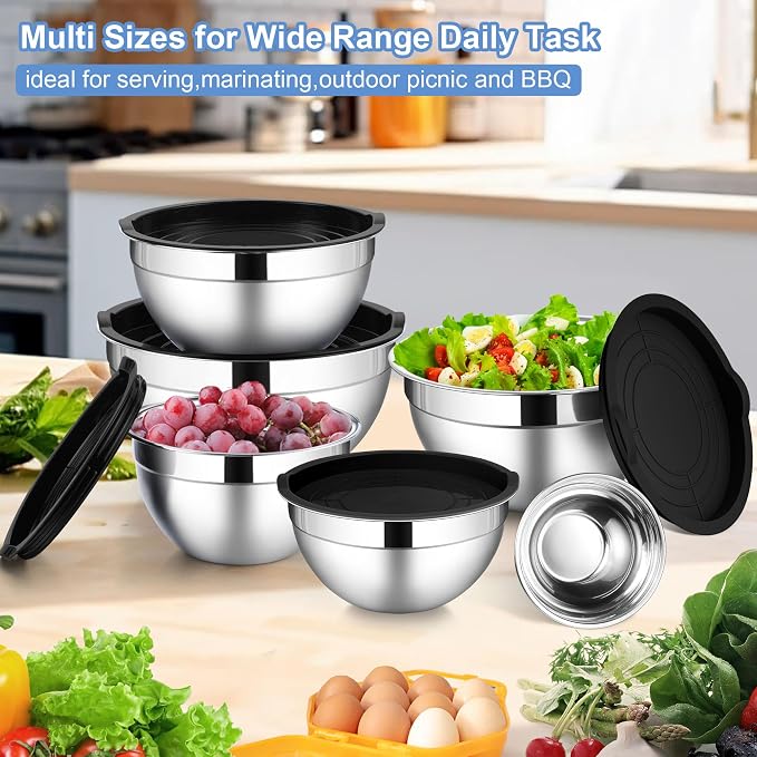 LIANYU Mixing Bowls with Lid Set of 6, Large Size 7, 3.5, 2.5, 2, 1.5, 1QT | Stainless Steel Kitchen Nesting Metal Bowl Sets, Ideal for Baking Cooking Serving Food Storage, Dishwasher Safe, Black