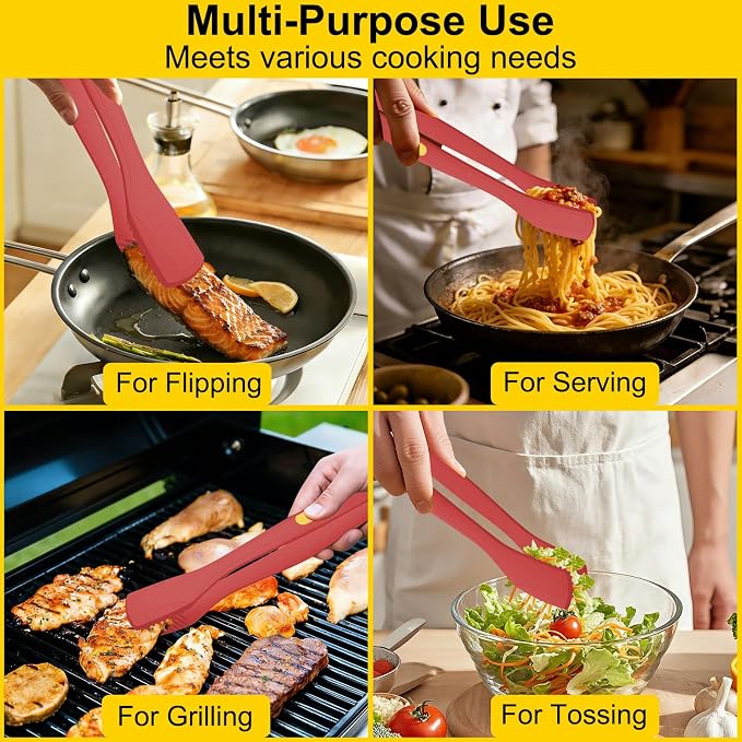 Beijiyi Kitchen Tongs for Cooking, 9" & 12" Set, Silicone Cooking Tongs with Silicone Tip for Nonstick Cookware, 600°F Heat Resistant, Stainless Steel Core, Great for Grilling and Serving Food (Red)