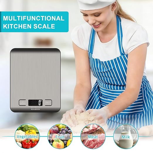 Food Scale Kitchen-Scale 11lb/5kg Food Scale for Kitchen Stainless Steel LCD Display Tare Function (g/oz/ml) for Meal Prep Coffee (Batteries Included)