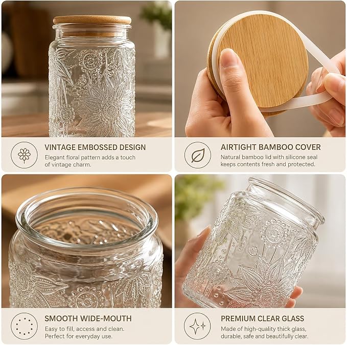 Glass Storage Jars with Airtight Bamboo Lid, 35 FL oz - Decorative Food Canisters for Kitchen Counter, Ideal for Sugar, Coffee, Tea, Candy, Cookies (35oz Large Sunflower)