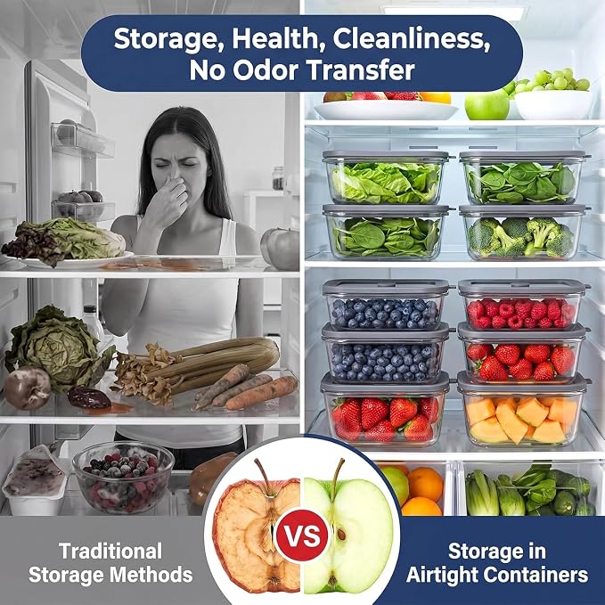 12 Pack Glass Food Storage Containers Set with Glass Lids | 21oz*10 + 13oz*2 Glass Meal Prep Containers with 5 Mini Sauce Jars, Leakproof Glass Containers for Lunch, Leftovers,non-toxic
