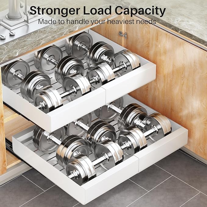 Pull out Cabinet Organizer, Wider Expandable(14"-24") Heavy Duty Slide out Drawers Fixed with Adhesive Nano Film for Pots, Roll out Shelf Storage for Kitchen Cabinet Organization(White-2pcs)(3 Rails)