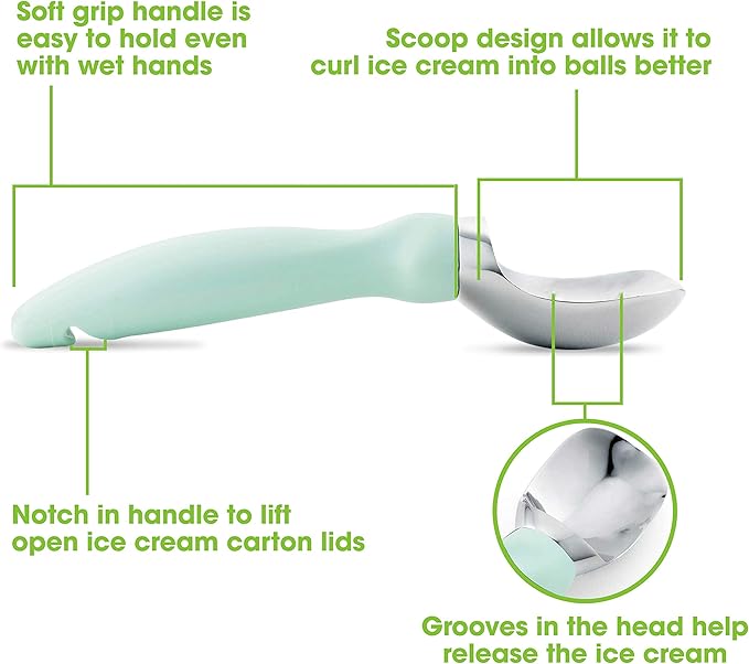 Spring Chef Stainless Steel Ice Cream Scoop - Dishwasher Safe Metal Ice Cream Scooper, Heavy Duty Kitchen Tool with Soft Grip Anti-Freeze Handle, Perfect for Frozen Yogurt, Sorbet, Sundae - Mint
