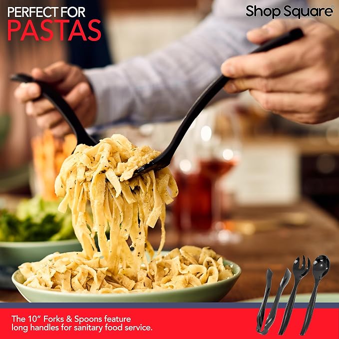 18 Pcs Black Plastic Serving Utensils Set – Heavy Duty Disposable Serving Spoons, Forks & Tongs | 10″ Serving Spoons for Buffet, Party, Catering, Wedding | Reusable, BPA-Free