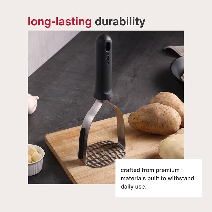 Zyliss Potato Masher, Robust Stainless Steel with Sustainable Wheat Straw Handle for Mashing Potato, Vegetables Garlic, Dishwasher Safe, Includes Scraper