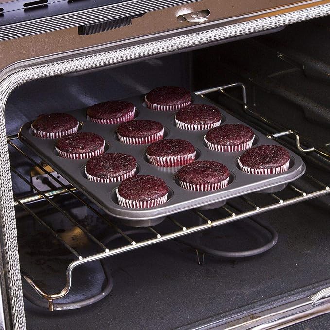 12 Cups Muffin and Cupcake Pan, Nonstick Brownie Cake Pan, Carbon Steel bakeware for Oven Baking Gray