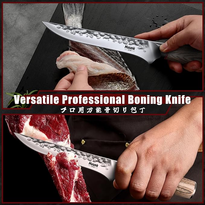 Huusk Japanese Kitchen Knife Set of 3, Professional Chef Knives Set for Kitchen, Hand Forged Butcher Knife Set for Meat Cutting, Meat Cleaver Boning Knife with Pakkawood Handle, Gift Idea for Men