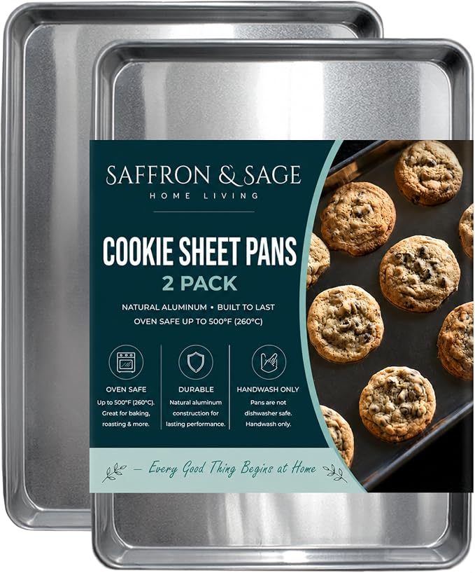Commercial Quality Cookie Sheet Pan - 2 Pack Aluminum Half Sheet Baking Pan by Saffron & Sage Home Living - This 18x13 Baking Sheet Set is Rust & Warp Resistant, Heavy Duty, of Thick Gauge