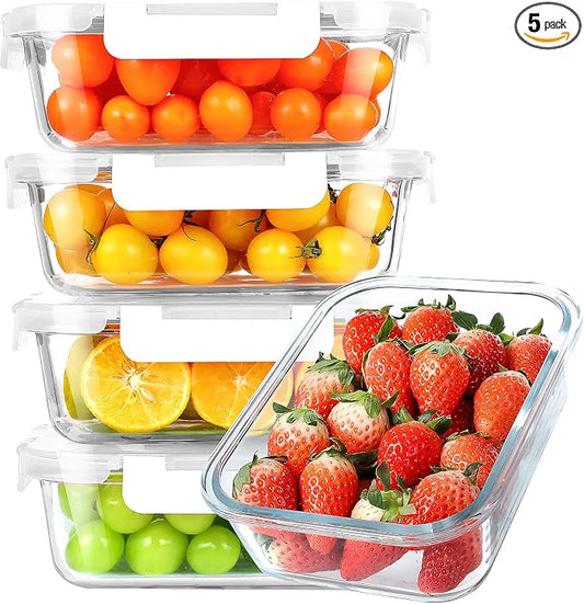 30 oz 5 Pack Glass Meal Prep Containers with Lids, White | Glass Food Storage Containers with Lids, Airtight Lunch Box, BPA-Free, Dishwasher, Microwave, Oven and Freezer Safe