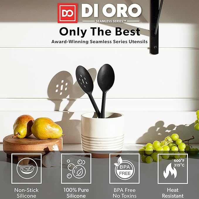 DI ORO 3-Piece Seamless Silicone Spoon and PRO 14in Seamless Silicone Spatula Bundle - 600F Heat-Resistant Rubber Non-Stick Slotted and Solid Spoons for Mixing and Serving - BPA Free