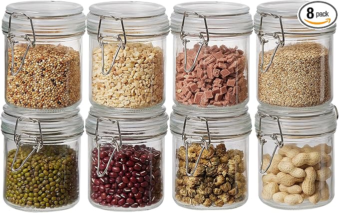 8 Pack 9.5oz Food Storage Jars with Airtight Lids, Preserving Seal Wire Clip Fastening Glass Containers, Canisters for Kitchen Organization, Flour, Cereal, Pasta, Sugar, Beans, Pickling Jars(9.5 Oz*8)
