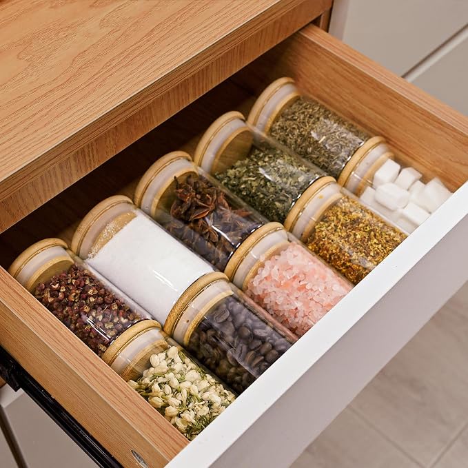 SHOWIN 6oz Glass Food Storage Jars, Glass Jars with Bamboo Lids, Kitchen Storage Jars, Set of 6, Canisters with Airtight Lids for Spice, Coffee, Cookie, Pantry Organizers