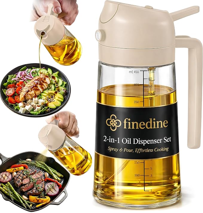 FineDine 16 oz Glass Olive Oil Sprayer for Cooking, Oil Dispenser, White | Glass 2-in-1 olive oil dispenser bottle, oil dispenser for kitchen, oil spray bottle, mist or stream, anti-drip spout, salads