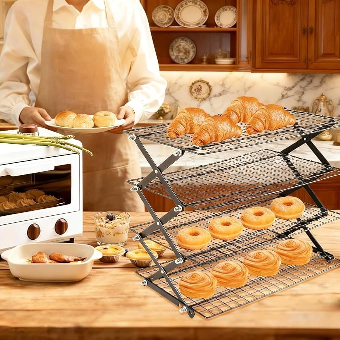 Collapsible Cooling Rack, Adjustable Stainless Steel Drying Rack (FOLD-2-TIER) | X-Shaped Structure Wire Cooling Rack for Baking, Cookies, Cake, Fruit, Bread,Roasting, Grilling, Drying Rack, Dishwasher Safe