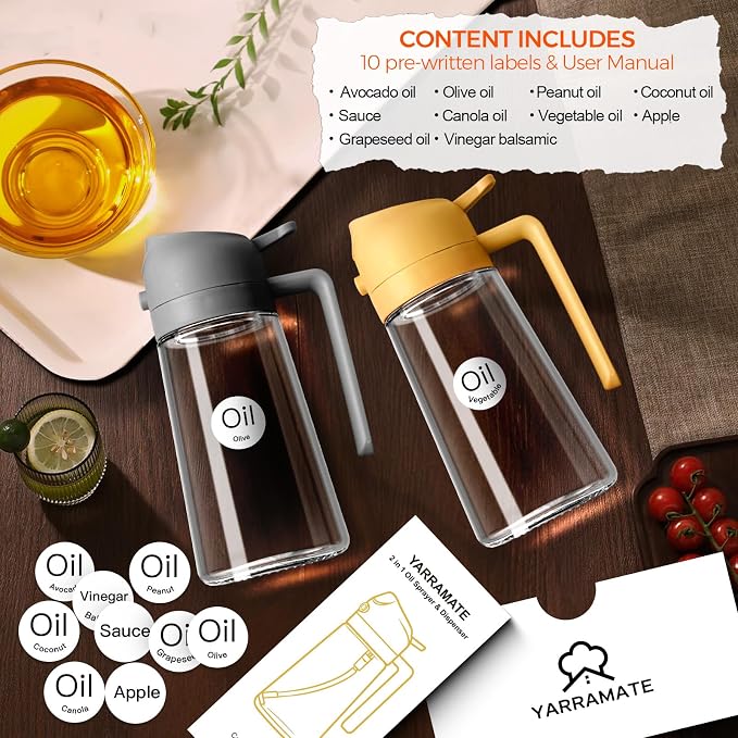 YARRAMATE 16 oz 2-in-1 Glass Olive Oil Sprayer for Cooking, Grey | Food-grade dispenser bottle, 470 ml, spray and pour, portion control, stickers included, for salad, frying and BBQ