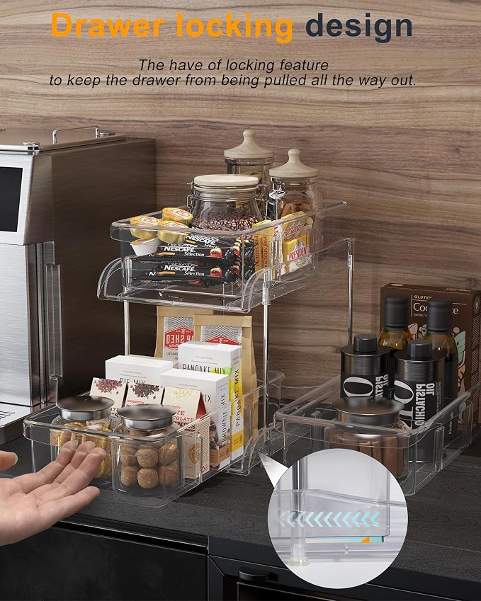 2-Pack 2-Tier Under Sink Organizers with Sliding Drawers | Multi-use kitchen & bathroom storage, 10.6 inch clear cabinet organizer, space-saving sliding drawer design.