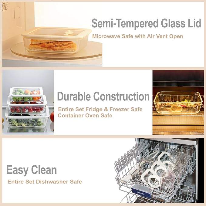 Glass Food Container Set with Glass Lid, 3 Pack, Food Storage Containers Set, Airtight, LeakProof, 100% Plastic Free, Meal Prep Containers (White Color)