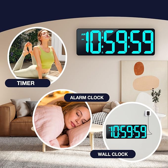 17.2" Large Digital Timer Wall Clock with Remote Control, Count Down Up Digital Timer, Auto DST LED Big Digital Clock for Bedroom Kitchen Living Room Office Gym Home Decor, Blue