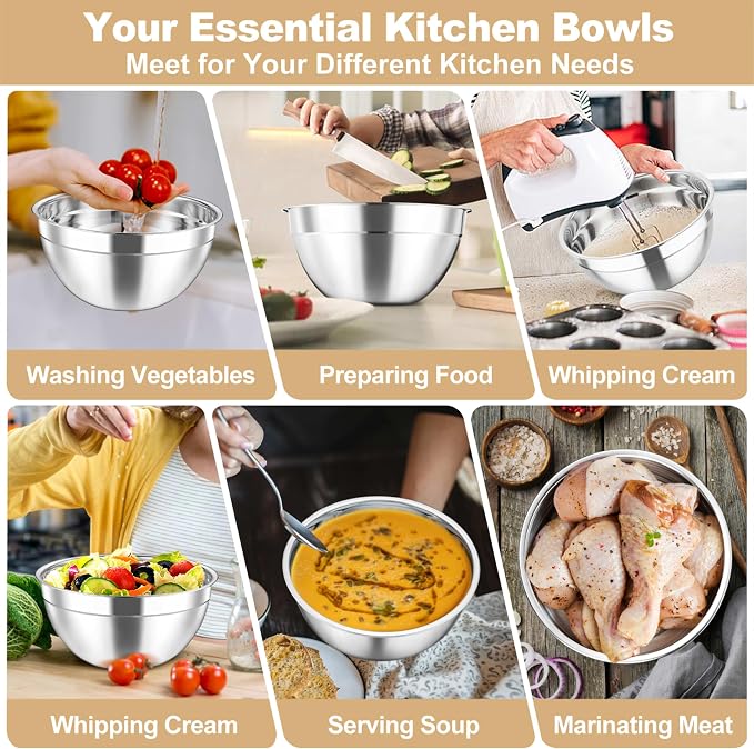 TeamFar Mixing Bowls Set, Stainless Steel Salad Bowl with Lids, Khaki | 4.5/3/1.5/1/0.7 QT, Metal Nesting Bowls with Visible Airtight Lids, For Serving/ Mixing/ Storing, Dishwasher Safe, Set of 5