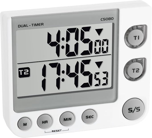 TFA Dostmann Digital Dual Timer, 38.2025, Longer Timing, Dual Display for simultaneous Timing, 3 Volume Levels, Whiter