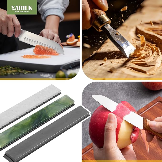 Premium Knife Sharpening Stones Set – 5000 Grit Black Stone, 8000 Grit White Natural Stone, 10000 Grit Green Natural Stone – Compatible with XARILK Sharpening Systems